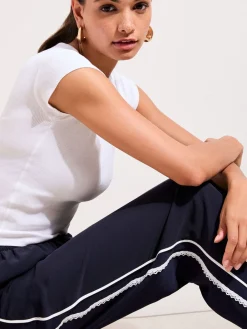 Friends Like These Crochet Trim Wide Leg Trousers Navy New