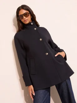 Friends Like These Funnel Neck Button Front Mid Length Coat Navy Outlet