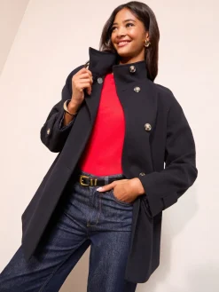 Friends Like These Funnel Neck Button Front Mid Length Coat Navy Outlet