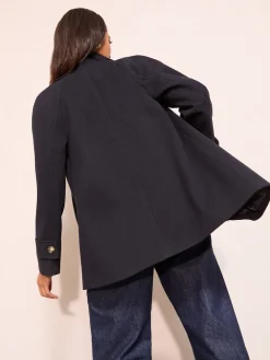 Friends Like These Funnel Neck Button Front Mid Length Coat Navy Outlet