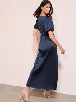 Friends Like These Lace Trim V-Neck Satin Midi Dress Navy Outlet