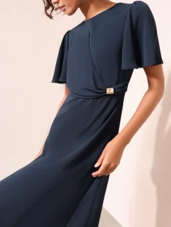 Friends Like These Tulip Sleeve Wrap Front Tailored Midi Dress Navy Online