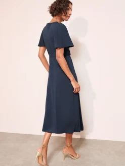 Friends Like These Tulip Sleeve Wrap Front Tailored Midi Dress Navy Online