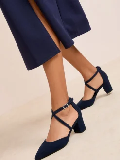 Friends Like These Wide Fit Block Heel Cross Strap Court Shoes Navy New