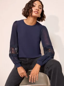 Friends Like These Woven Sleeve Knitted Top Navy