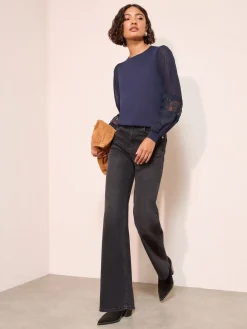 Friends Like These Woven Sleeve Knitted Top Navy