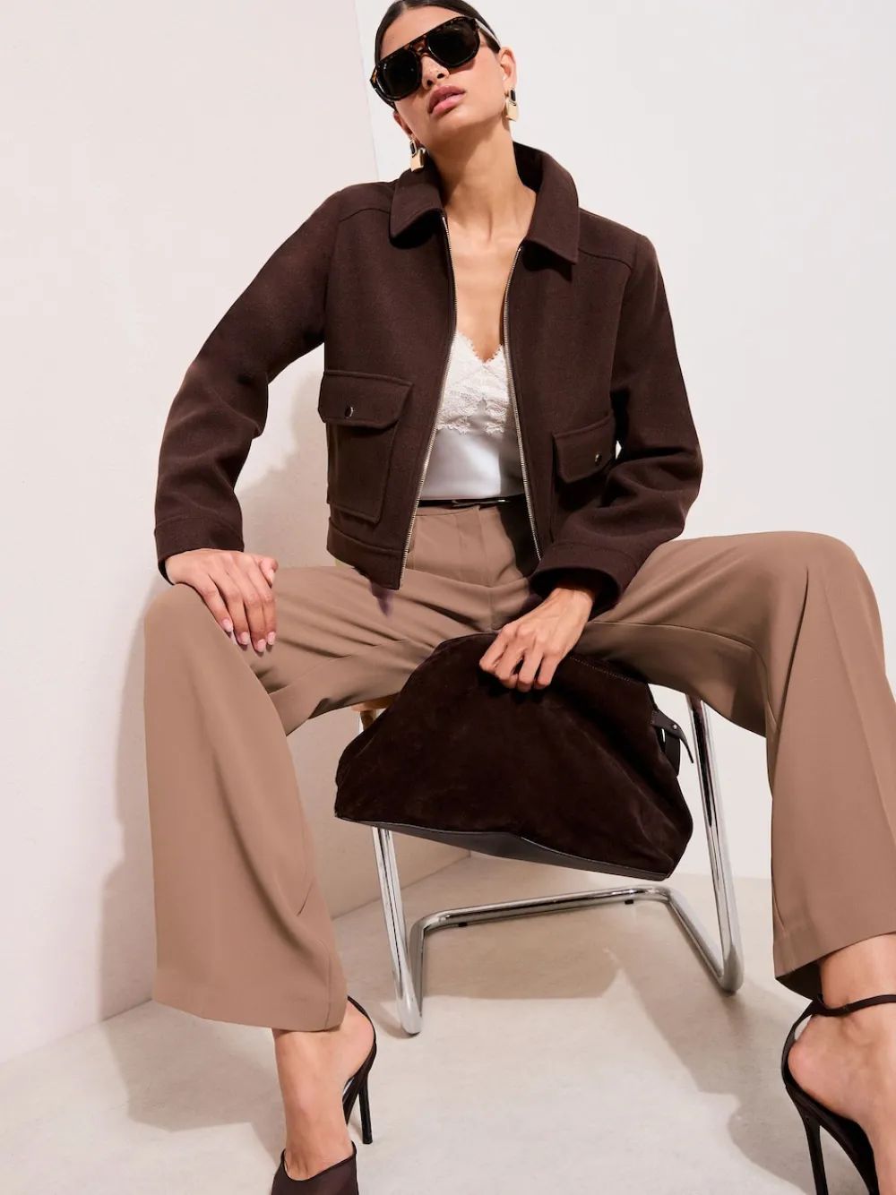 Friends Like These Petite Premium Elastic Back Tailored Wide Leg Trousers Neutral Latte Discount