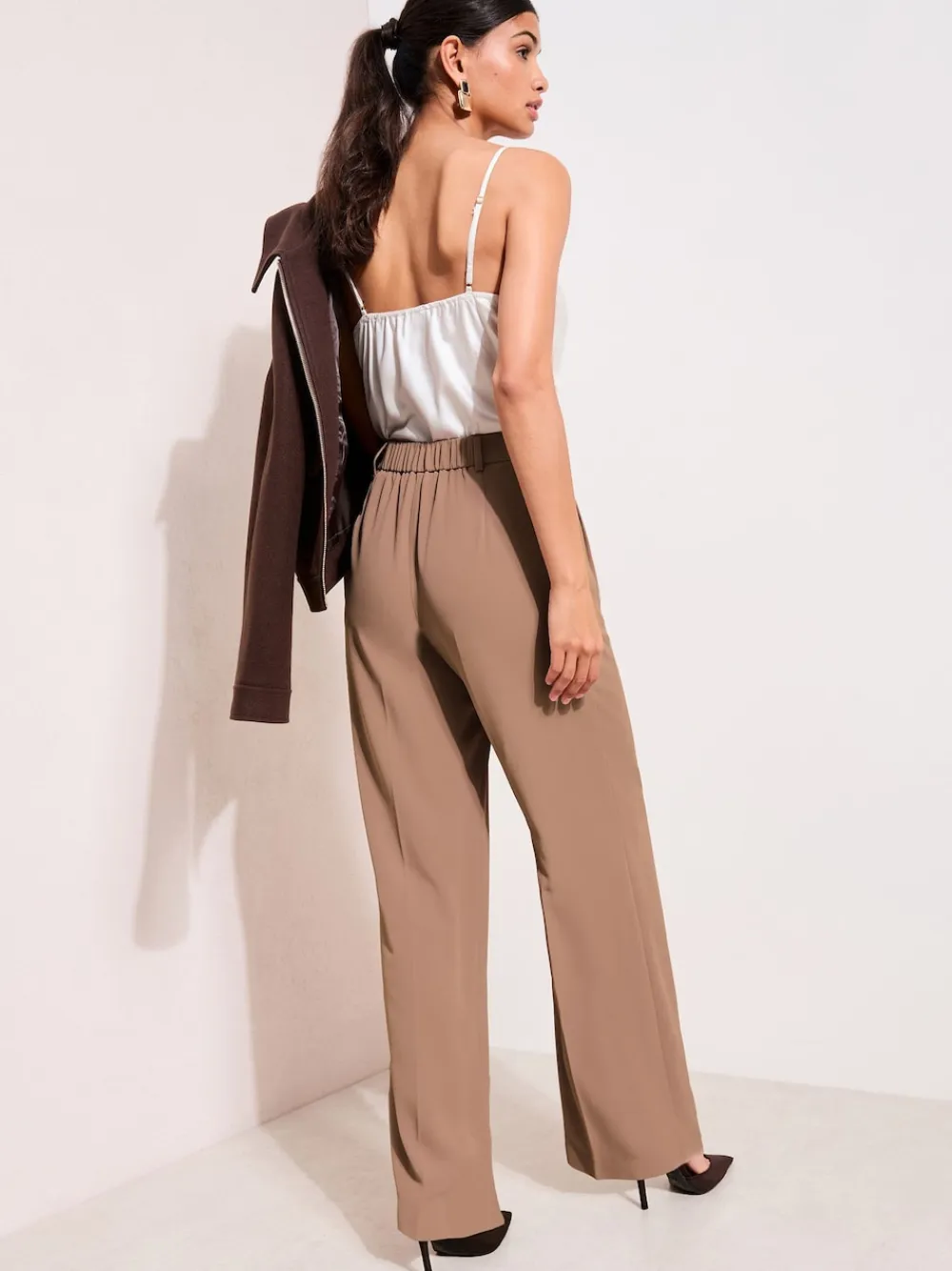 Friends Like These Petite Premium Elastic Back Tailored Wide Leg Trousers Neutral Latte Discount