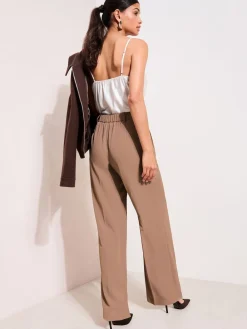 Friends Like These Neutral Latte Premium Elastic Back Tailored Wide Leg Trousers