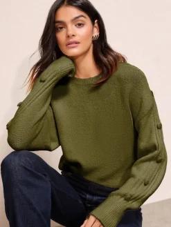 Friends Like These Button Sleeve Detail Jumper Olive Green