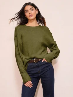 Friends Like These Button Sleeve Detail Jumper Olive Green