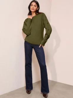 Friends Like These Button Sleeve Detail Jumper Olive Green