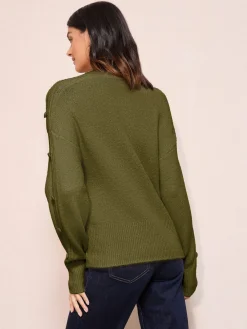 Friends Like These Button Sleeve Detail Jumper Olive Green