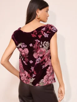 Friends Like These Red Floral Devore Assymetric Short Sleeve Blouse Discount