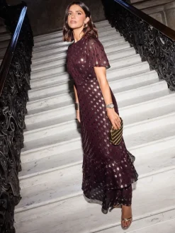 Friends Like These Foil Spot Short Sleeve Chiffon Tie Maxi Dress Red Discount