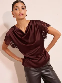 Friends Like These Satin Lace Detail Cowl Neck Blouse Red Online