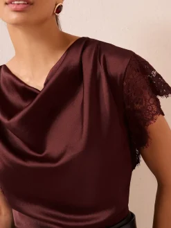 Friends Like These Satin Lace Detail Cowl Neck Blouse Red Online
