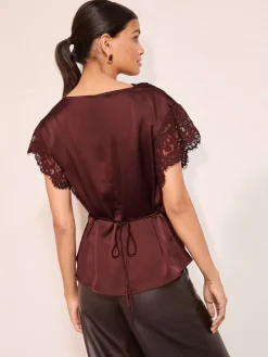Friends Like These Satin Lace Detail Cowl Neck Blouse Red Online