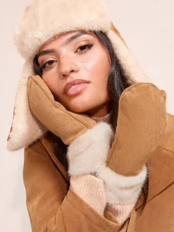 Friends Like These Tan Brown Cosy Faux Suede and Fur Mittens Gloves Sale