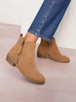 Friends Like These Wide Fit Mid Block Heel Side Zip Faux Suede Cuban Boots Tan Brown Hot