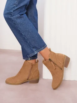Friends Like These Wide Fit Mid Block Heel Side Zip Faux Suede Cuban Boots Tan Brown Hot