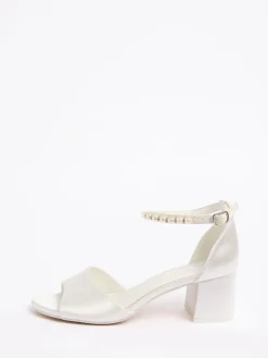 Friends Like These White Satin Low Block Heel Pearl Strap Bridal Sandals Online