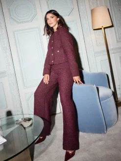 Friends Like These X Lucy Mecklenburgh Burgandy Boucle Wide Leg Trousers Clearance