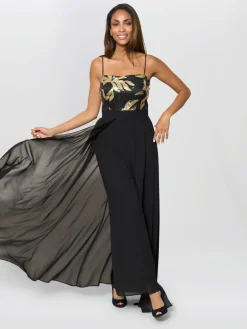 Gina Bacconi Fannie Black And Gold Chiffon Black Jumpsuit Sale