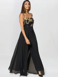 Gina Bacconi Fannie Black And Gold Chiffon Black Jumpsuit Sale