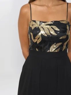 Gina Bacconi Fannie Black And Gold Chiffon Black Jumpsuit Sale