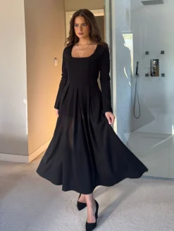 Girl In Mind Black Evie Square Neck Long Sleeve Midi Dress Sale
