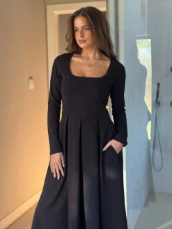 Girl In Mind Black Evie Square Neck Long Sleeve Midi Dress Sale