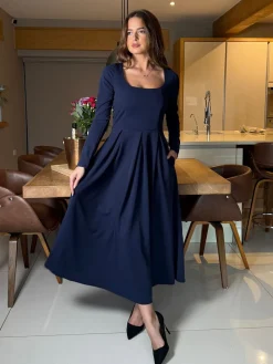 Girl In Mind Blue Evie Square Neck Long Sleeve Midi Dress Discount