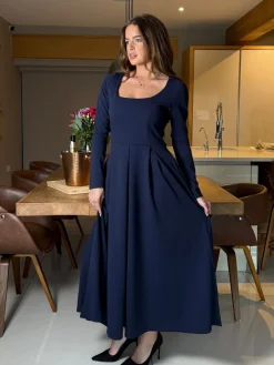 Girl In Mind Blue Evie Square Neck Long Sleeve Midi Dress Discount