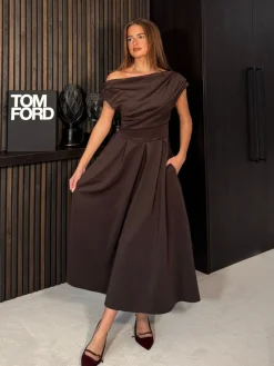 Girl In Mind Brown Betty Asymmetric Neckline Skater Midi Dress Discount