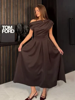 Girl In Mind Brown Betty Asymmetric Neckline Skater Midi Dress Discount