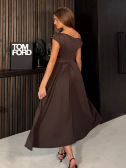 Girl In Mind Brown Betty Asymmetric Neckline Skater Midi Dress Discount