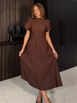 Girl In Mind Brown Katisha Tulip Sleeve High Neck Midi Dress Discount