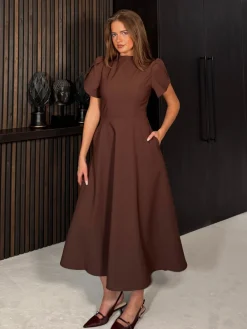 Girl In Mind Brown Katisha Tulip Sleeve High Neck Midi Dress Discount