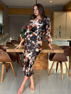 Girl In Mind Brown Leila Off the Shoulder Foiled Print Maxi Dress Best