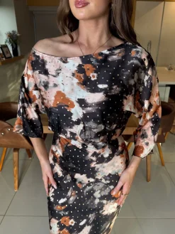 Girl In Mind Brown Leila Off the Shoulder Foiled Print Maxi Dress Best