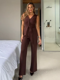 Girl In Mind Trisha Tailored Waistcoat Jumpsuit Brown Best
