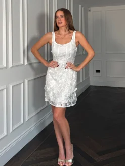 Girl In Mind White Celeste 3D Floral Square Neck Mini Dress New