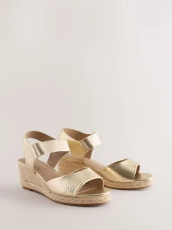 Next Extra Wide Fit Round Toe Elastic Strap Detail Wedges Gold Sale