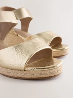 Next Extra Wide Fit Round Toe Elastic Strap Detail Wedges Gold Sale