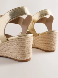 Next Extra Wide Fit Round Toe Elastic Strap Detail Wedges Gold Sale