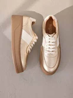 Next Lace Up Signature Premium Leather Chunky Wedge Lace-Up Trainers Gold