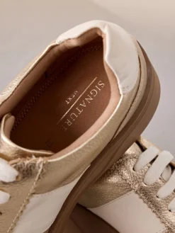 Next Lace Up Signature Premium Leather Chunky Wedge Lace-Up Trainers Gold