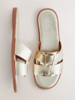 Next Gold Leather Standard/Wide Fit Slot Mule Sandals Sale