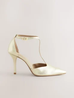 Next Leather T-Bar Pointed Toe Heels Gold Sale